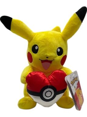 Pikachu Plush Holding Heart Poké Ball - Yellow & Red
